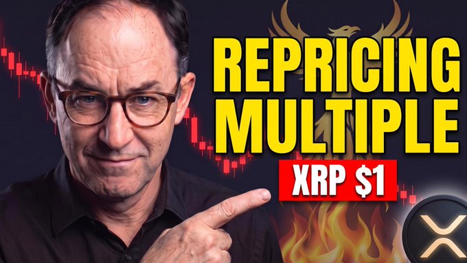 A YouTube thumbnail featuring a man pointing at bold yellow text reading 'REPRICING MULTIPLE XRP $1' with a red candlestick chart and flames in the background.