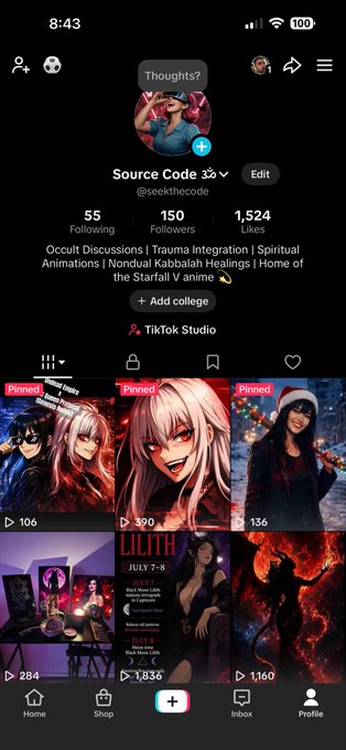 A TikTok profile for 'Source Code' (@seekthecode) showing 150 followers, 1,524 likes, and bio mentioning Occult Discussions, Trauma Integration, Spiritual Animations, Nondual Kabbalah Healings, and Spirit of the Starfall V anime.