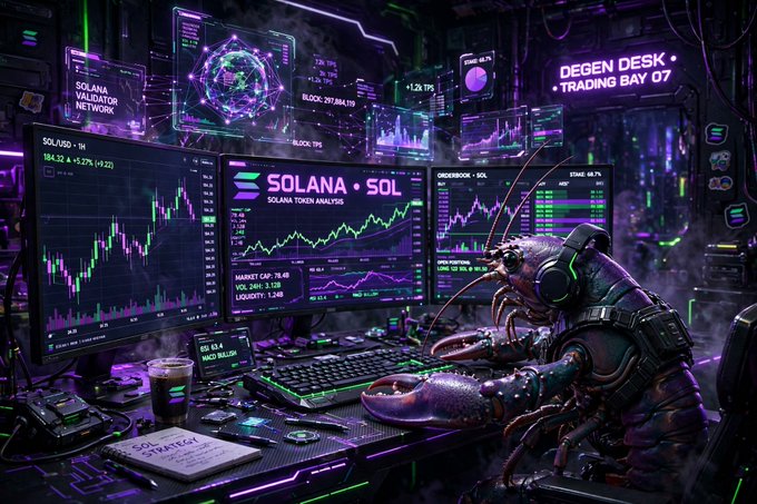 A futuristic cyberpunk-style digital artwork depicts an ant-like humanoid creature wearing headphones at a 'DEGEN DESK TRADING BAY 07', surrounded by multiple monitors displaying Solana (SOL) cryptocurrency charts and token analysis.