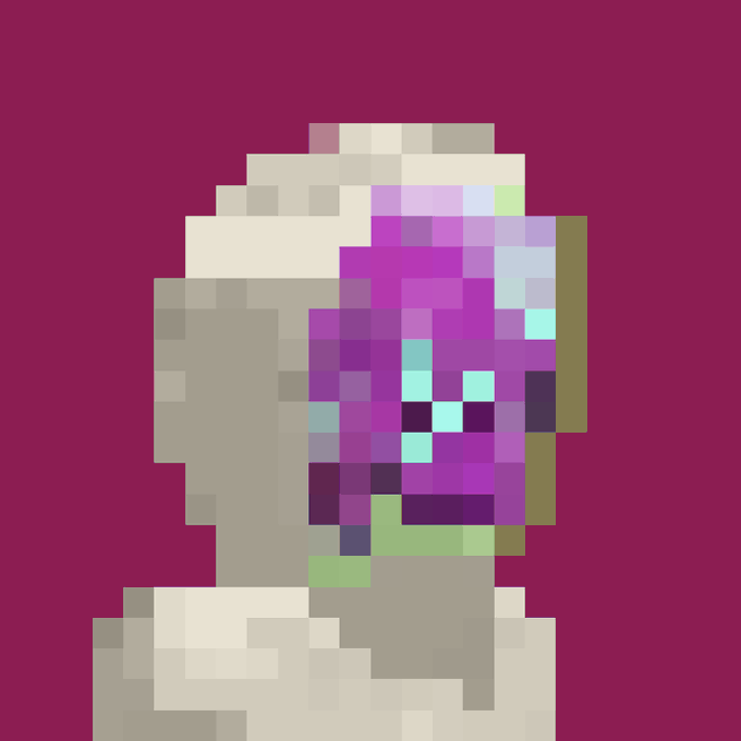 A pixelated, mosaic-style portrait of a humanoid figure with a colorful face composed of bright pixels in pink, blue, and purple hues, set against a solid maroon background.