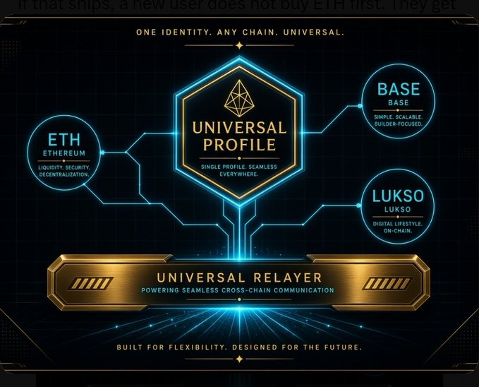 Futuristic tech graphic titled 'UNIVERSAL PROFILE' and 'UNIVERSAL RELAYER' showing connections between ETH (Ethereum), BASE, and LUKSO blockchain networks, with text 'ONE IDENTITY. ANY CHAIN. UNIVERSAL.'
