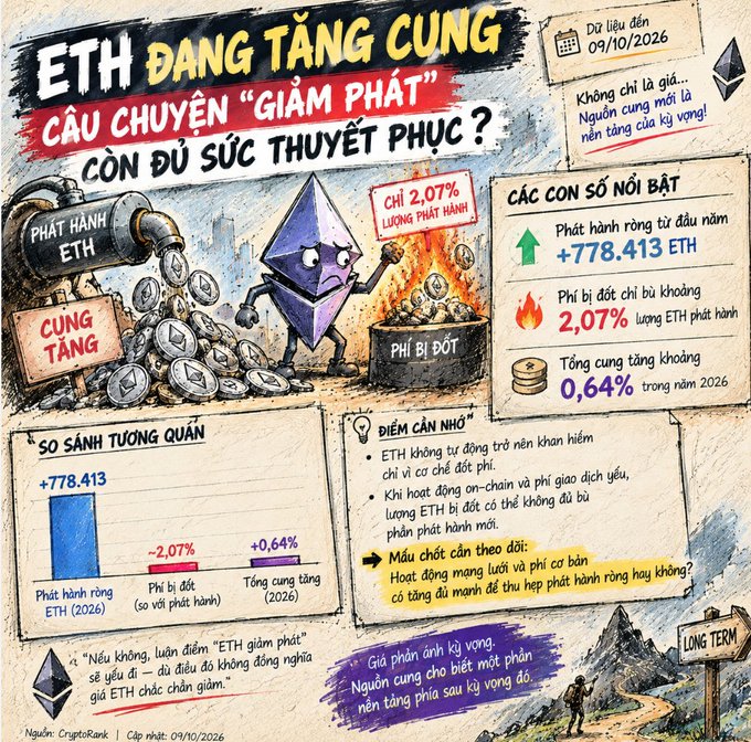 A Vietnamese-language infographic about Ethereum (ETH) supply trends dated 09/10/2026, discussing ETH issuance and burning, citing CryptoRank data.