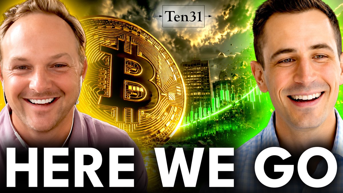 A YouTube thumbnail showing two men smiling with a Bitcoin graphic between them, labeled 'Ten31' at the top and 'HERE WE GO' at the bottom.