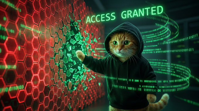 A hooded cat in a cyberpunk scene breaks through a glowing red digital wall, with green binary streams and the text “ACCESS GRANTED” overhead. The image supports the accompanying $20,000 $CYBERCAT Solana giveaway post, though its main giveaway instructions and SOL address are not visible in the artwork.