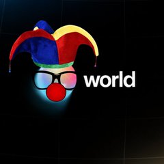 A dark, glitchy promotional image for "world" features a colorful jester head with a red nose and sunglasses beside the word "world," serving as a stylized graphic that contrasts with the post's technical discussion about Solana's rent-exempt balance reductions and SOL token valuations.