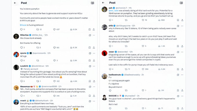 A split-screen showing Twitter/X posts criticizing alleged pump-and-dump activities, with users discussing token manipulation, bags, and shilling.