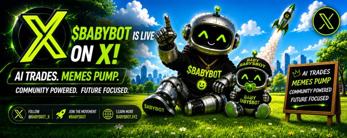 A promotional banner for '$BABYBOT IS LIVE ON X!' featuring two cartoonish green robots sitting in a park setting, with text reading 'AI TRADES. MEMES PUMP. COMMUNITY POWERED. FUTURE FOCUS.'