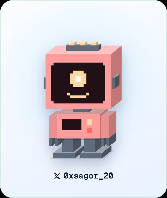 A pink and gray blocky robot character with a smiling face and the text 'X @xsagor_20' below it.