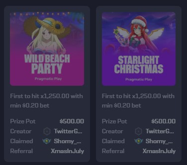 A mobile screen displaying two 'Pragmatic Play' promotional games titled 'WILD BEACH PARTY' and 'STARLIGHT CHRISTMAS,' both offering a $500 prize pool for a $1,250 multiplier.