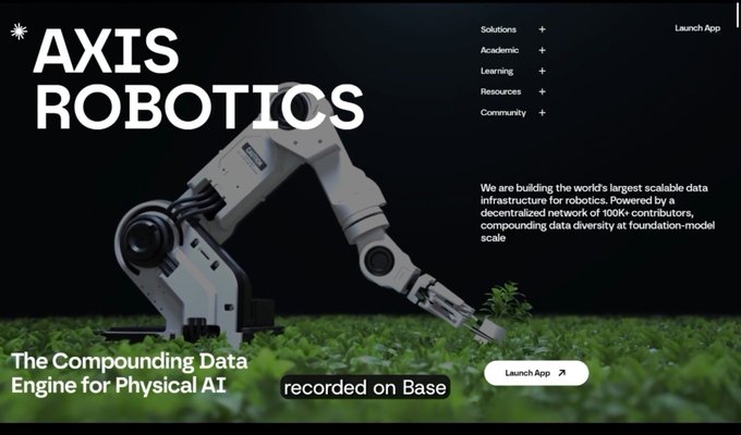 A website hero section for 'AXIS ROBOTICS' features a white robotic arm picking green crops, with the tagline 'The Compounding Data Engine for Physical AI'.