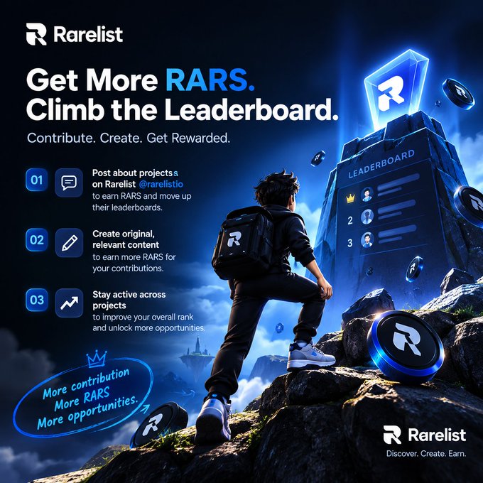 A promotional poster for Rarelist.io titled 'Get More RARS. Climb the Leaderboard.' showing a hiker looking at a leaderboard mountain, with tips to post, create, and stay active.