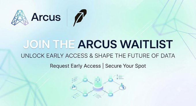 A promotional banner for Arcus with the text "JOIN THE ARCUS WAITLIST - UNLOCK EARLY ACCESS & SHAPE THE FUTURE OF DATA - Request Early Access | Secure Your Spot," featuring the Arcus logo alongside a feather/quill icon and a network graphic. The image supports the post's call-to-action for users to join the Arcus waitlist as a first step to building volume and earning points on the Robinhood network ecosystem.
