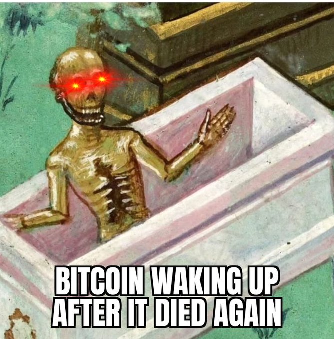 A medieval-style illustration of a skeleton rising from a coffin with glowing red eyes, captioned 'BITCOIN WAKING UP AFTER IT DIED AGAIN.'
