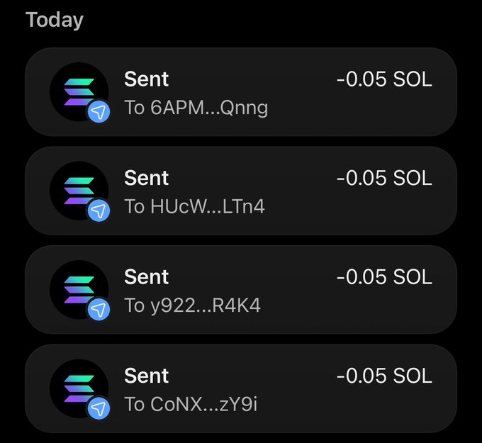 The image shows a crypto transaction history displaying four sent transactions of 0.05 SOL each to different recipients (6APM…Qnng, HUcW…LTn4, y922…R4K4, CoNX…zY9i) on what appears to be a Solana wallet interface. This visually confirms the poster's claim of sending small SOL amounts to multiple users as part of their giveaway, supporting their request for engagement (likes and notifications) for a chance to win next.