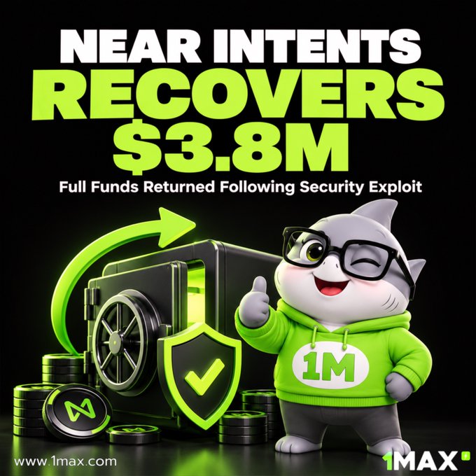A promotional graphic reading 'NEAR INTENTS RECOVERS $3.8M - Full Funds Returned Following Security Exploit' featuring a cartoon shark mascot with glasses and a '1MAX' logo.