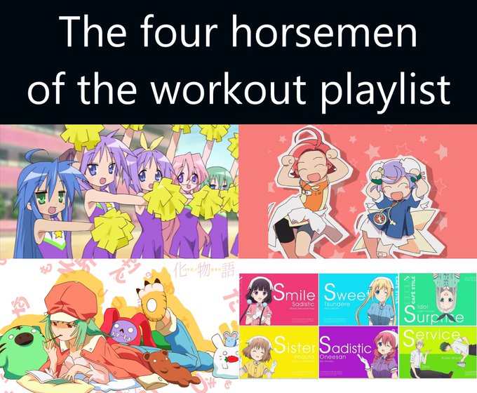 The image is a meme titled "The four horsemen of the workout playlist," showing four anime scenes: Lucky Star, Yuru Yuri, Shinobu (Monogatari), and Oreimo. 

The meme relates to the post's theme of finding value before the crowd notices—the "four horsemen" represent overlooked niche picks that early believers recognize before they go mainstream, mirroring the idea of spotting alpha before the hype arrives.