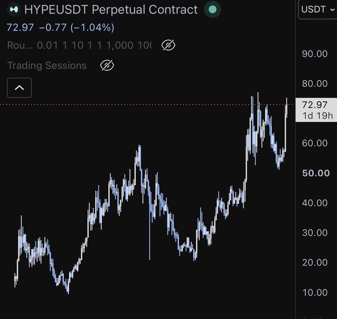 A cryptocurrency trading chart titled "HYPEUSDT Perpetual Contract" showing a current price of 72.97 USDT, down 1.04%, with a notable upward trend over the past 1 day 19 hours.