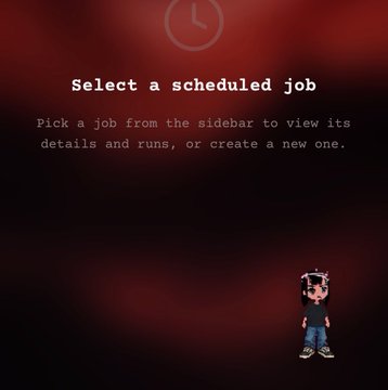 A dark red interface screen displays the text "Select a scheduled job" with instructions to "Pick a job from the sidebar to view its details and runs, or create a new one." In the bottom right corner, a small cartoon avatar (Remilio) is wearing a black shirt and sneakers, matching the creator's "Ricks" (Rick and Morty) style mentioned in the post.