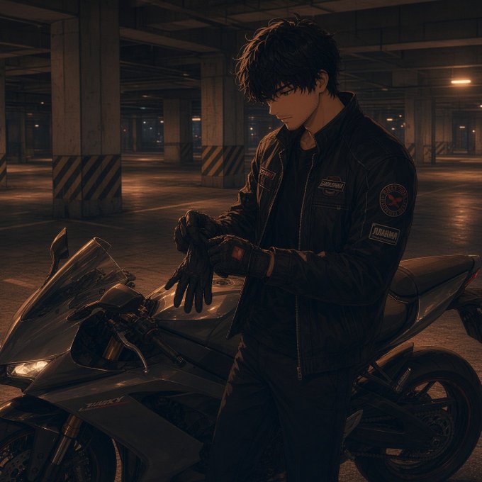 An anime-style illustration depicts a young man with messy dark hair wearing a black racing jacket and gloves, sitting on a black sport motorcycle in a dimly lit parking garage.