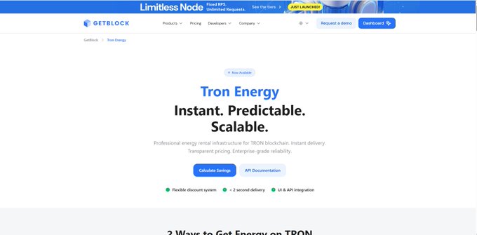 The image shows a website for a company named "TRON Energy" that offers instant energy, predictable pricing, and scalability services. The website has a clean white background with blue text, making it easy to read and understand. It also features a banner at the top of the page promoting the company's services.