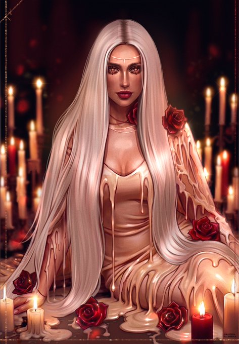 A fantasy digital portrait of a pale woman with long white hair and red eyes, surrounded by melting candles and red roses, with wax dripping down her dress.