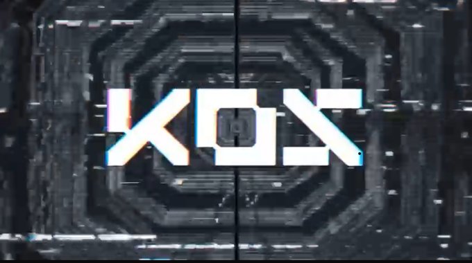 A futuristic digital logo displaying 'KOS' in stylized white letters with glitch effects against a dark, tunnel-like technological background.