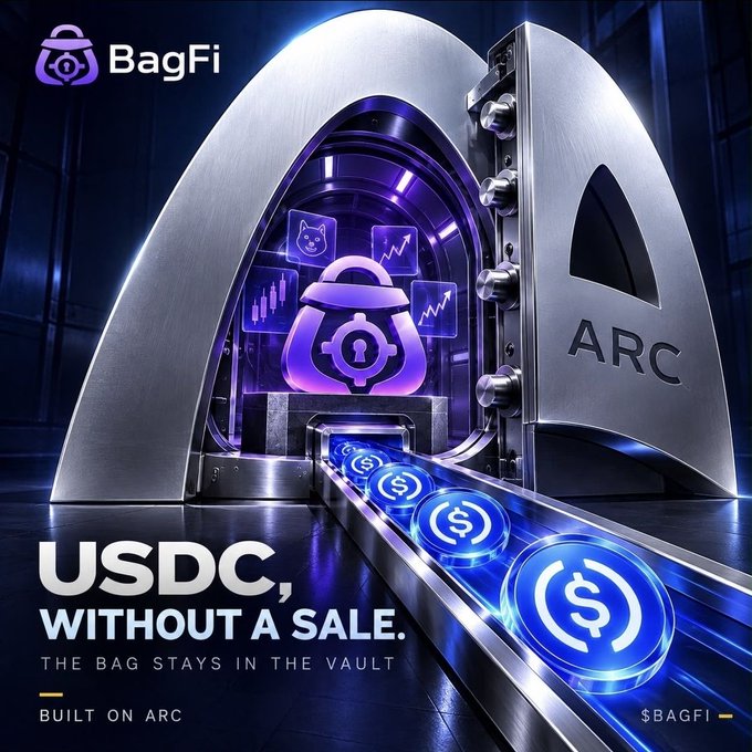 A promotional advertisement for BagFi cryptocurrency showing a futuristic vault with the text 'USDC, WITHOUT A SALE. THE BAG STAYS IN THE VAULT' and 'BUILT ON ARC'.