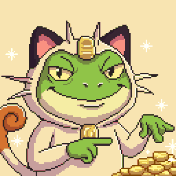 A pixel art illustration of a green frog character dressed as a cat with whiskers, ears, and a gold coin on its forehead, pointing at a pile of gold.