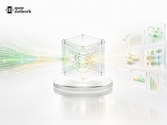 A promotional graphic for 'quip network' featuring a glass cube with circuitry inside, displayed on a pedestal with abstract data visualizations and flowing green and orange lines.