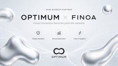 A minimalist advertisement banner for 'OPTIMUN X FINQA' featuring a sleek silver/chrome liquid design on a light background.