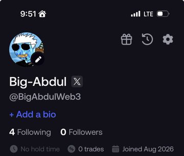 The image shows a profile page for "Big-Abdul" (@BigAbdulWeb3), a user with 4 following and 0 followers, who joined in August 2026 and has made 0 trades. This new, beginner trader profile illustrates the post's point about everyday users, like Big-Abdul, being drawn to @tryfomo as a beginner-friendly, social-first crypto trading app.