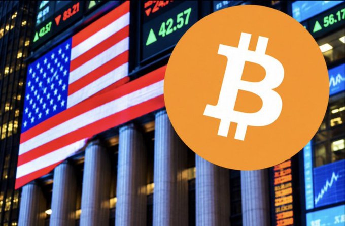 Bitcoin logo overlaid on an American flag with stock market displays showing prices like 42.57 and 56.17 in the background.