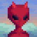 A small red pixel-art figure resembling a devil with horns and a tail against a hazy background.