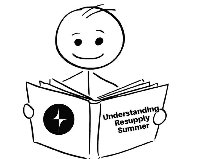 A simple black and white line drawing of a smiling stick figure reading a book titled 'Understanding Resupply Summer' with a star icon.