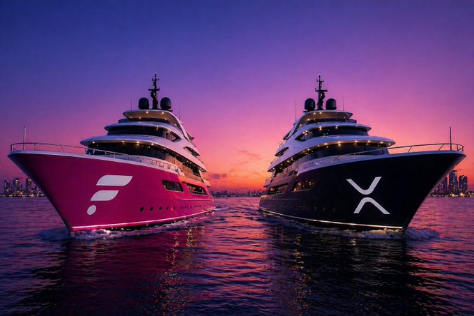 Two sleek luxury yachts sail side-by-side against a vibrant purple and orange sunset, with the left vessel displaying the XRP logo and the right showing the FLR (Flare) emblem on their hulls. The image visually symbolizes the harmonious partnership and promising momentum between the XRP and FLR communities heading into a new week.