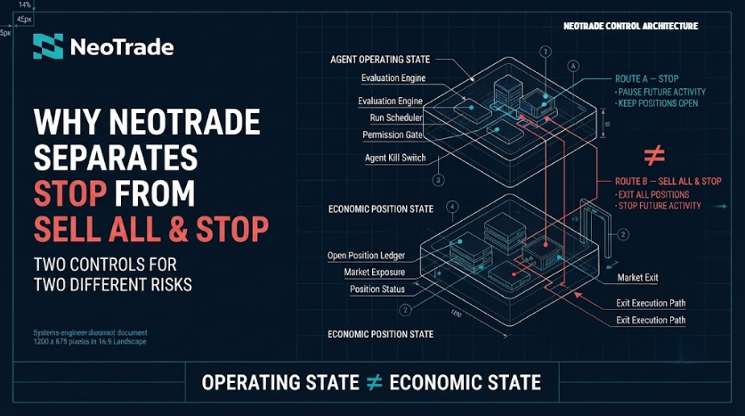 A dark-themed technical diagram titled "WHY NEOTRADE SEPARATES STOP FROM SELL ALL & STOP" illustrates the platform's control architecture, distinguishing between Agent Operating State (containing Evaluation Engine, Run Scheduler, Permission Gate, and Agent Kill Switch) and Economic Position State (Open Position Ledger, Market Exposure, Position Status, Market Exit). The graphic maps two distinct user routes: Route A (Stop) which pauses future activity while keeping positions open, and Route B (Sell All & Stop) which exits all positions and halts future activity, reinforcing the caption's point that operating state and economic state are separate controls for different risks.