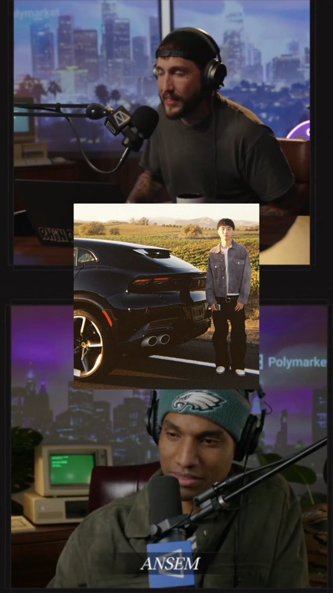A podcast-style collage shows two men wearing headphones and speaking into microphones, with an inset image of a boy standing beside a black sports car; “ANSEM” appears at the bottom.