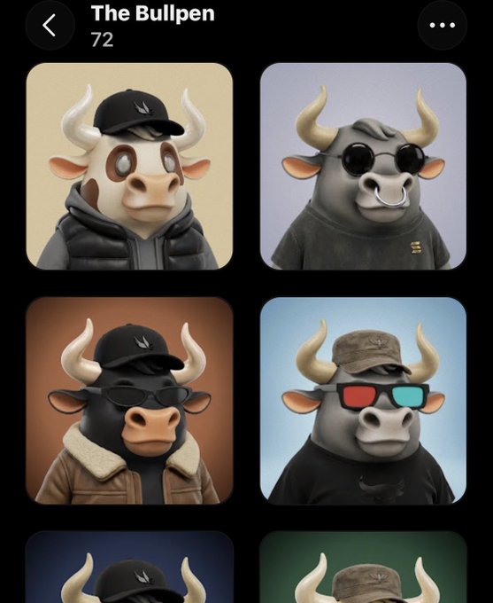 The image shows a screenshot titled "The Bullpen" displaying 72 cartoon bull avatars wearing various accessories like hats, sunglasses, and hoodies, arranged in a grid. The post references $ANSEM and connects the "bullpen" collection of bull NFTs to the bullish sentiment around an airdrop, with the meme suggesting self-made bullish creations to hype the token.