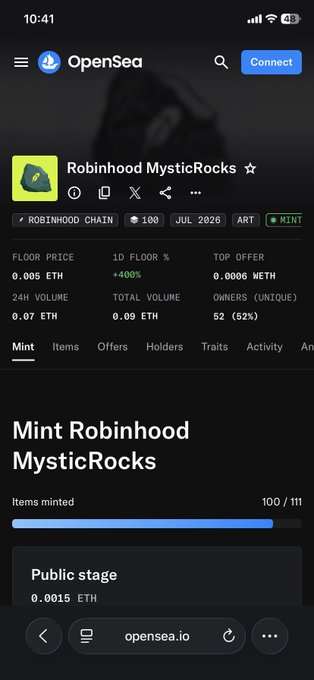 A screenshot of the OpenSea mobile app showing the 'Robinhood MysticRocks' NFT collection with a floor price of 0.005 ETH, total volume of 0.09 ETH, and items minted at 100/111.