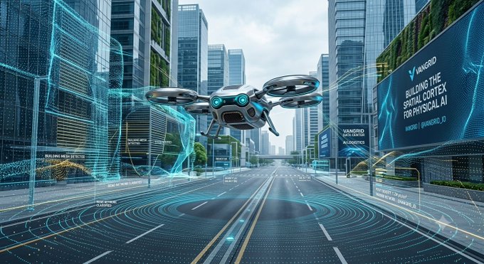 A futuristic cityscape features a white flying drone hovering over a road with glowing blue digital overlays, while a digital billboard on the right reads 'BUILDING THE SPATIAL CORTEX FOR PHYSICAL AI'.