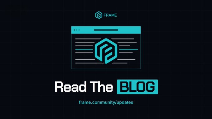 A Frame promotional graphic featuring 'Read The BLOG' with a teal browser window icon and the URL frame.community/updates displayed on a dark background.
