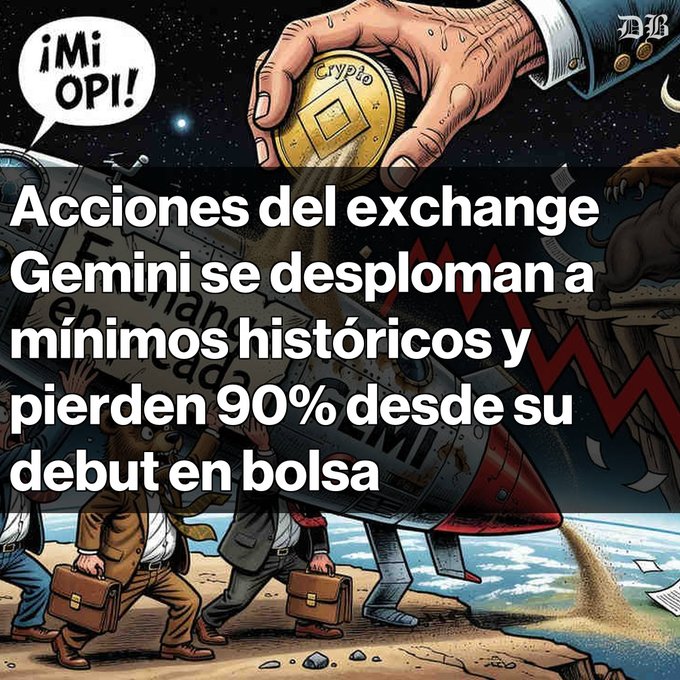 A satirical illustration depicting businessmen in suits fleeing a crashing rocket ship, with a large hand dropping a 'Crypto' coin; Spanish text reads 'Acciones del exchange Gemini se desploman a mínimos históricos y pierden 90% desde su debut en bolsa'.