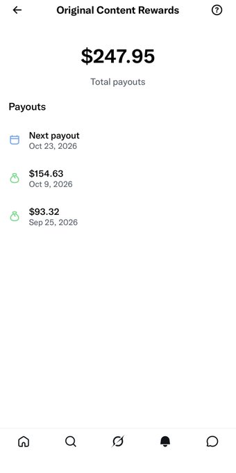 An 'Original Content Rewards' mobile screen showing total payouts of $247.95, with a next payout scheduled for Oct 23, 2026, and previous payouts of $154.63 (Oct 9) and $93.32 (Sep 25).