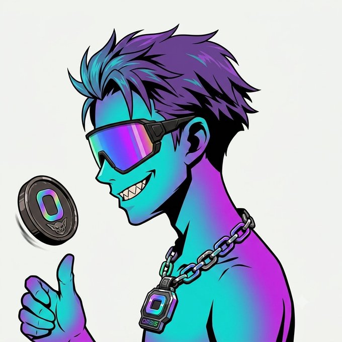 A neon-colored cartoon character with purple hair, cyberpunk sunglasses, and a chain necklace grins while tossing a coin, with a pendant labeled 'ORBS'.