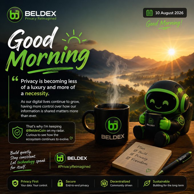 A promotional graphic for 'BELDEX' with the tagline '#PrivacyReimagined', featuring a green and black robot mascot holding a BELDEX-branded mug, alongside the text 'Good Morning!' and the date '10 August 2026'.