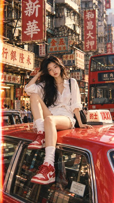 An AI-generated image of a young woman with long dark hair wearing a white shirt, shorts, and red sneakers, sitting on the roof of a red taxi in a busy street filled with Chinese signage.