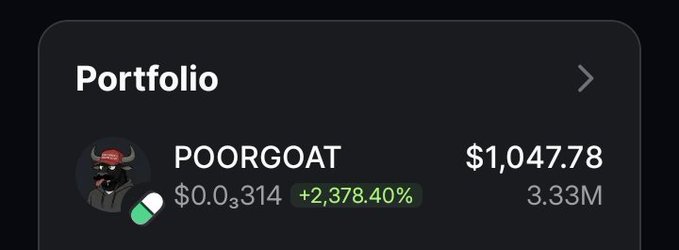 A portfolio screenshot displays a holding in $POORGOAT valued at $1,047.78, showing a price of $0.0₃114 and an impressive gain of +2,378.40% with 3.33M tokens held, likely shared to showcase profits in response to a request for a Solana address.