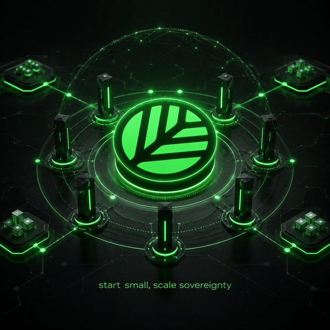A futuristic 3D rendering of a glowing green Leafcoin logo encircled by nodes and a network dome, with the tagline 'start small, scale sovereignty'.