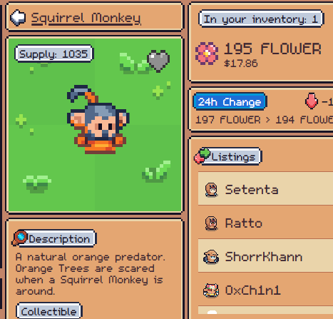 A pixel art interface showing a Squirrel Monkey NFT with supply 1035, priced at 195 FLOW ($17.86), showing a 24h price decrease from 197 to 194 FLOW, with listings by Setenta, Ratto, ShorrKhanN, and OxCh1n1.