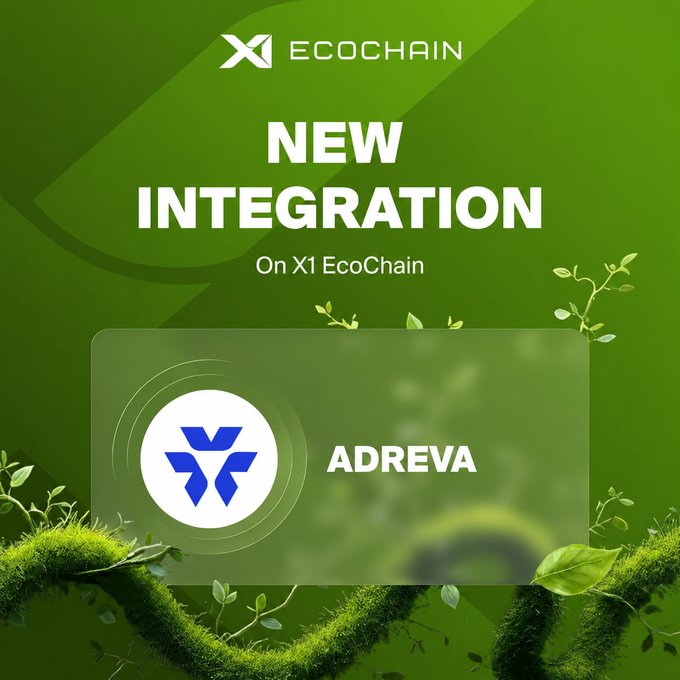 The image is a green promotional graphic announcing "NEW INTEGRATION On X1 EcoChain" featuring the "ADREVA" logo (a blue geometric symbol) on a card, surrounded by mossy branches and leaves. It visually reinforces the post's announcement of Adreva Network's integration into the X1 EcoChain, with the eco-themed green background and foliage tying into the sustainability branding of EcoChain.